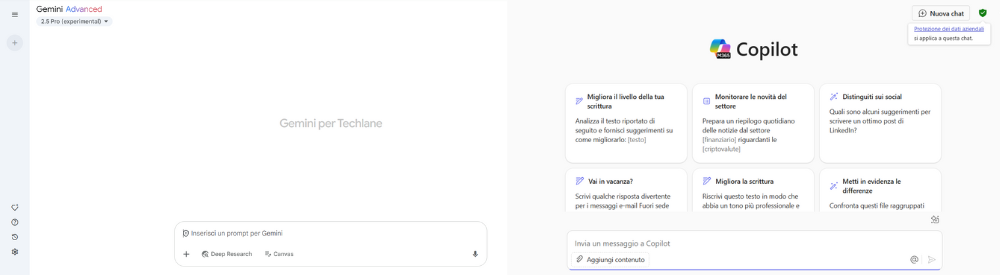 Comparativa interfaccia AI di Gemini e Copilot aziendali