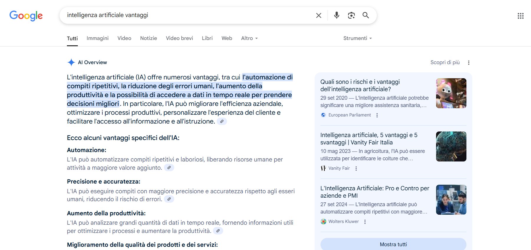 Google AI Overview integrato nel motore di ricerca di Google